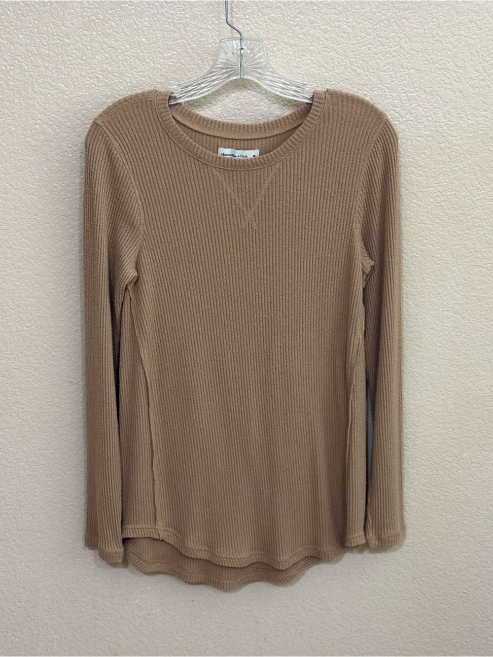 Abercrombie & Fitch Ribbed Long Sleeve Top in Tan - Soft AF Cozy Collection